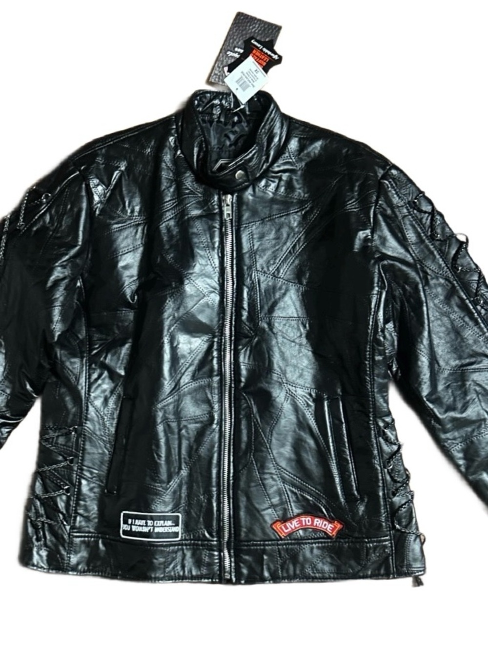Diamond Plate Men’s Size 3 X-Large Motorcycle  Black Leather Patches Jacket ~New - Picture 2 of 16